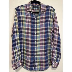 Polo Ralph Lauren 100% Linen Shirt Mens Size Medium Plaid Long Sleeve